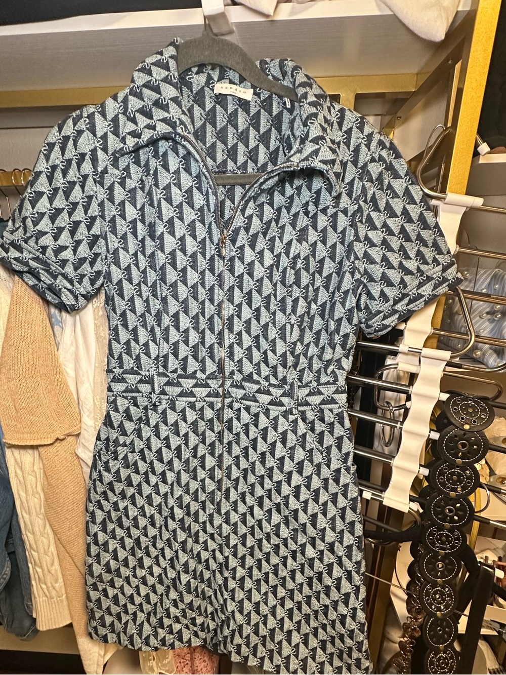 SANDRO PARIS Blue Monogram Jacquard Zip-Front Mini Dress (Size 38) 👖💙